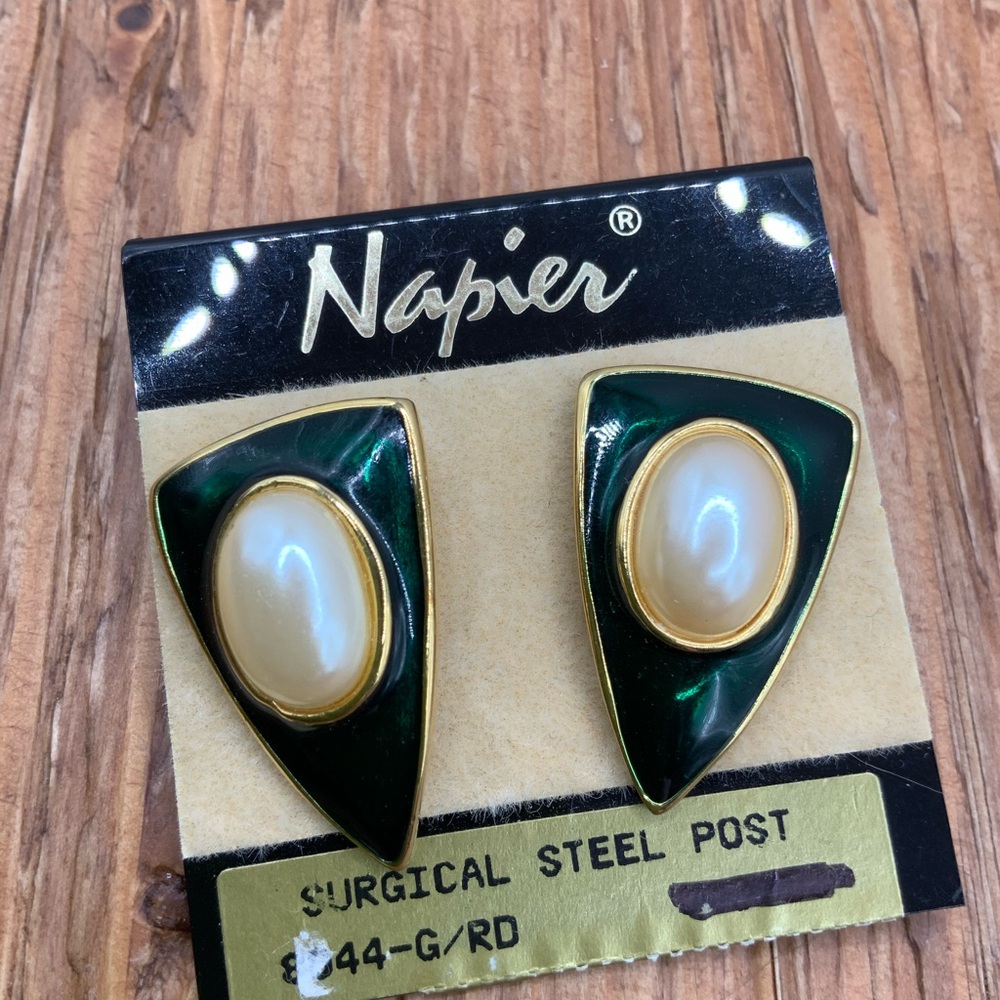 Napier Vintage Green Pearl-Accent Gold Tone Triangle Stud Earrings